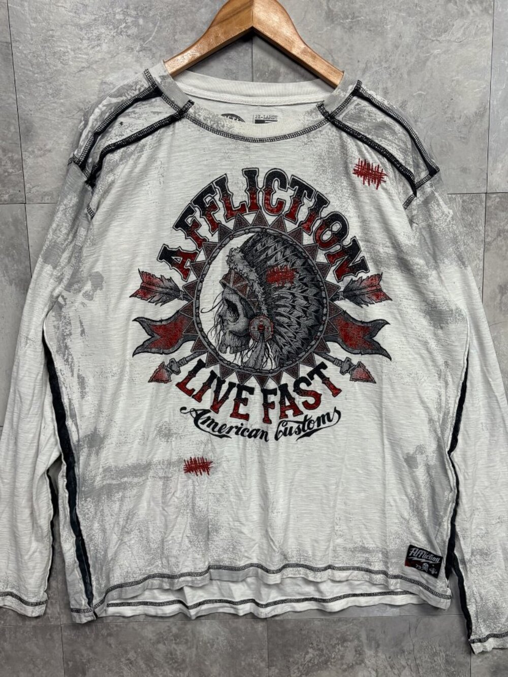 Affliction Live Fast Long Sleeve T Shirt Men's 2XL White Skull Graphic Y2K